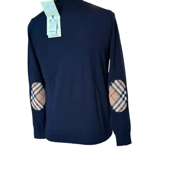 Burberry BEMPTON Navy Blue  Merino Wood Check Patch Pullover sweater, all sizes - Picture 5 of 11